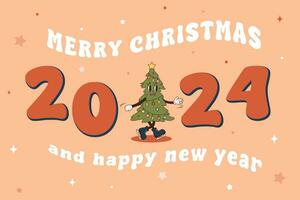 Vector Merry Christmas and Happy New Year greeting card with Christmas tree. Illustration in retro groovy style with Peach Fuzz background, color of the year 2024. Holiday greeting banner