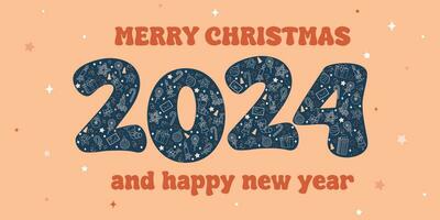 Vector greeting banner with color of the year 2024. Happy New Year and Merry Christmas design of numbers 2024 on Peach Fuzz background with symbols of winter Holidays inside, poster or card template