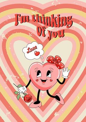 Postcard, poster, Valentine's Day cover. A cartoon funny character in the shape of a heart. Retro style 60s, 70s.