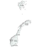 Noruega mapa. mapa de Noruega dividido dentro seis principal regiones en blanco color vector