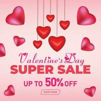 Valentine's Day Super Sale web banner or Post with hearts background. Discount Promotion, and shopping template. Happy Valentine's Day Concept with Big Sale Header Hanging Hearts Template vector