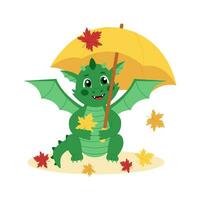 Cute green dragon with umbrella and autumn leaves. Smiling cartoon character. Fall season. Vector illustration for children
