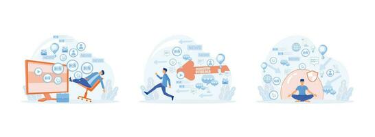 Input overloading.  Young man running away from information stream. Information overload. Information overload set flat vector modern illustration