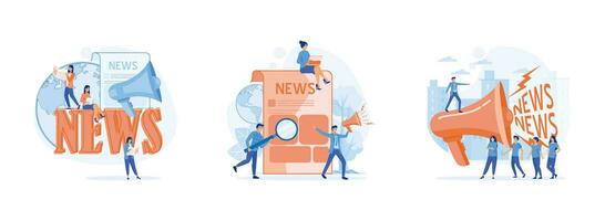 Global news. people read breaking news on newspaper.  tiny people listening to the latest news. Breaking news set flat vector modern illustration