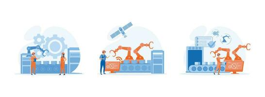 Smart industry, innovative manufacturing. Smart industrial revolution.Engineer working with interactive interface. Smart industry set flat vector modern illustration