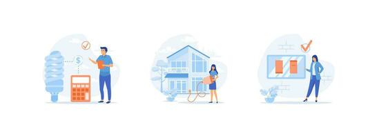 Sustainability concept, Energy consumption in household. Characters using energy efficient devices. Energy consumption set. flat vector modern illustration