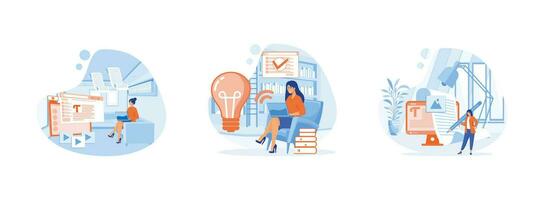 Content writer. Content Writer or Journalist.Smart woman using pencil to create online blog image. Content writer set flat vector modern illustration