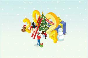 Isometric illustration Christmas and New year design concept. People Celebrates Christmas and New Year with Christmas tree, gift boxes and Snowman. Suitable for Infographics and Book Illustration vector