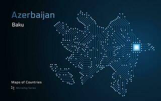 Azerbaijan Map with a capital of Baku Shown in a Microchip Pattern with processor. E-government. World Countries vector maps.