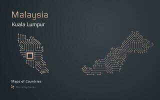 Malasia lustroso mapa con un capital de kuala lumpur mostrado en un pastilla modelo con procesador. gobierno electrónico. mundo países vector mapas pastilla serie