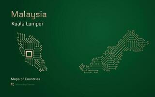 Malaysia Glossy Map with a capital of Kuala Lumpur Shown in a Microchip Pattern with processor. E-government. World Countries vector maps. Microchip Series