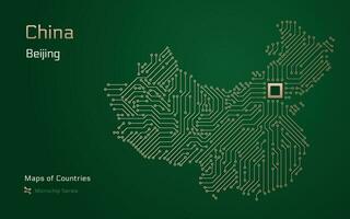 China mapa con un capital de Beijing mostrado en un pastilla modelo con procesador. gobierno electrónico. mundo países vector mapas pastilla serie