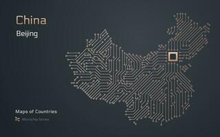 China Map with a capital of Beijing Shown in a Microchip Pattern with processor. E-government. World Countries vector maps. Microchip Series