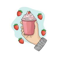 ice cream strawberry in hand with strawberry illustration vector