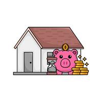 cerdito banco, dinero moneda, reloj de arena con hogar ilustración vector