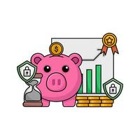 cerdito banco, dinero moneda,protección, reloj de arena con gráfico gráfico en papel ilustración vector