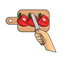 peppers in cutting board with knife in hand illustration vector