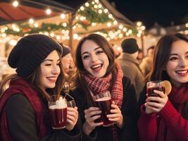 AI generated Friends drinking delicious mulled wine and enjoying hot drinks at an evening party ai generate photo