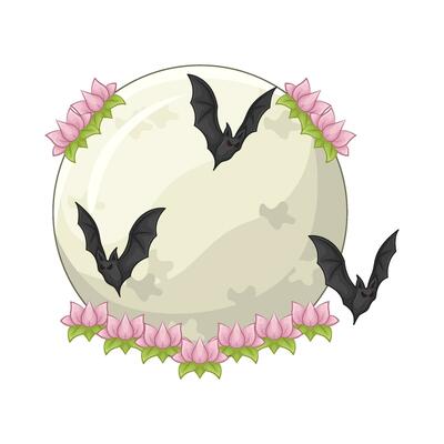 full moon, flower with bat illustration