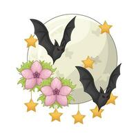 moon, bat fly, star with flower illustration vector