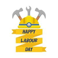 happy labour day in ribbon, helmet labour, wrench tools  with hammer illustration vector