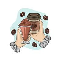 taza bebida chocolate con hielo crema café en mano ilustración vector