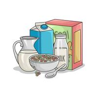 cereal box, milk with cereal in bowl illustration vector