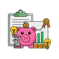 piggy bank, hourglass, money coin, lamp, award ribbon , chart graphic document with document in clipboard illustration vector