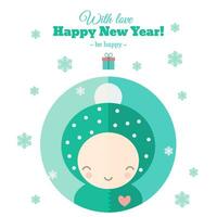 Card with child in green jumpsuit, snow and heart vector