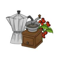 Grinder, teapot with coffee fruit illustration vector