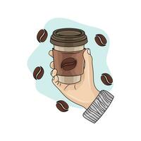 taza hielo atestar café en mano con café frijoles ilustración vector