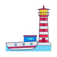 boat in sea with mercusuar illustration vector