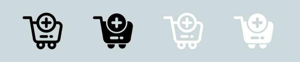 Add cart icon set in black and white. Checkout signs vector illustration.