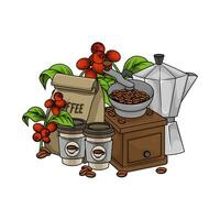 grinder, coffee beans, cup coffee drink, paperbag with coffee  fruit illustration vector