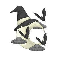 hat witch in moon, cloud with bat fly illustration vector