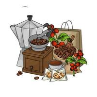 grinder, coffee beans, coffee drink, coffee fruit, paperbag with pastry illustration vector