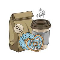 packaging, donut with cup coffee drink illustration vector