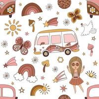 Retro seamless children's pattern. Fun vector illustration in groove style with outline with girls. Mushrooms, van, rainbow, peace, eyes, sun, stars, crescent, lightning