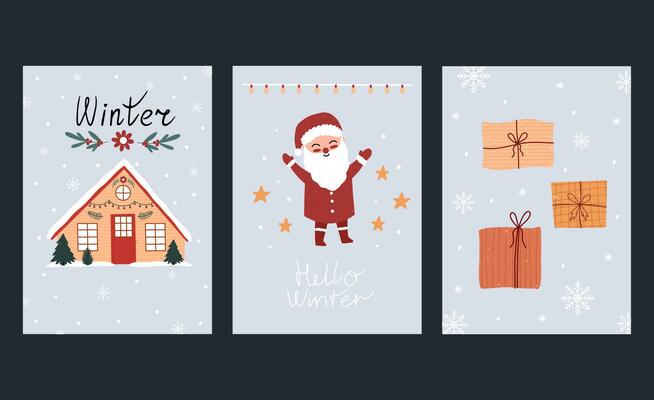 Hand drawn winter holiday cards. Merry Christmas card with lettering, santa, house, gifts. Merry Christmas. Happy New Year. Invitation cards with quotes. Set of isolated vector icons