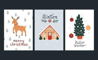 Hand drawn winter holiday cards. Merry Christmas card with lettering, house, reindeer and Christmas tree. Merry Christmas. Happy New Year. Invitation cards with quotes. Set of isolated vector icons