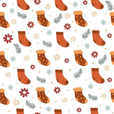 Cute and bright seamless pattern with Christmas sock, snowflake, mistletoe, toys. For wallpaper, textile, backdrop, wrapping paper. Pattern design. Holiday new year christmas style.