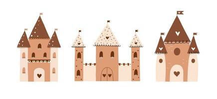 Cartoon medieval castles vector illustration set. Collection fortified palaces, mansions isolated on white background. Fairytale, ancient buildings, fortresses concept. Magic castle vector hand drawn