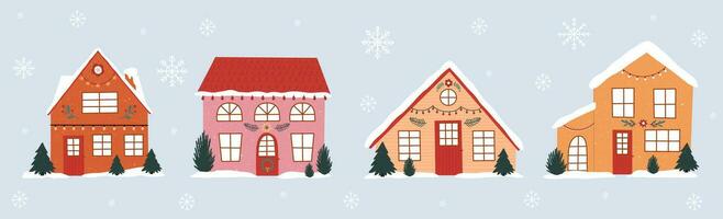 Set of isolated decorated houses for New Year and Christmas. Building with a spruce tree in the yard. Holiday winter architecture vector