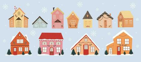 Christmas set of festive winter houses. Cozy houses decorated for the holiday collection vector