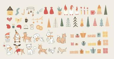 Merry Christmas set, New Year's set, with cute elements for design. Christmas tree, santa, cute animals, toys for the Christmas tree. For cards, banners, website, icons, fabrics vector