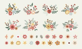 Christmas vector plants, holly berry, christmas tree, leaves branches, holiday decoration, winter symbols. floral collection with winter decorative flowers. Hand drawn elements. Happy New Year