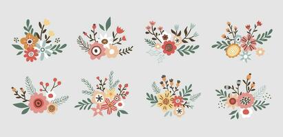 Flower collection with leaves, flower bouquets. Vector flowers. Spring art print with botanical elements in hand drawn style