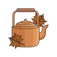 teapot drink with autumn leaf illustration vector