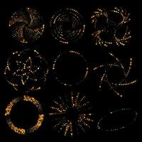 Set of gold spirograph patterns. Vector geometric abstract shapes isolated on black.