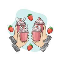 ice cream strawberry in hand with strawberry illustration vector